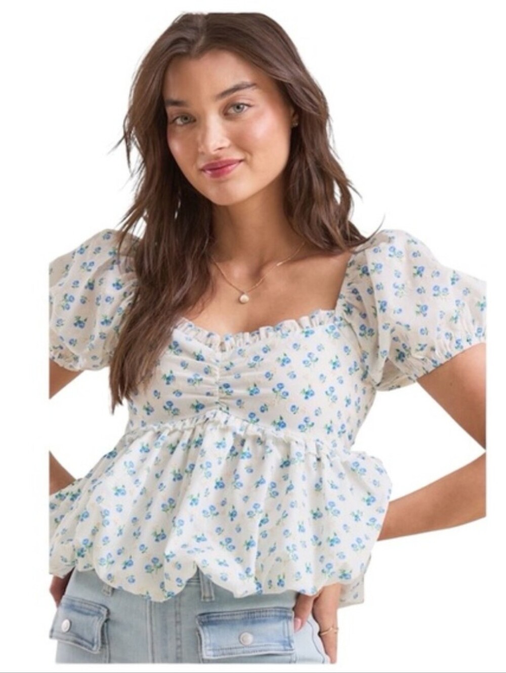 Altar'd State White Top with Blue Floral Print